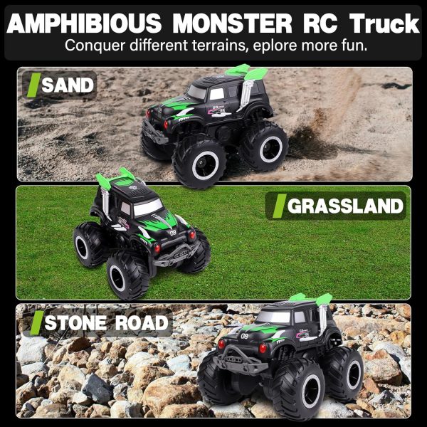 Amphibious Remote Control Cars, 1/20 Stunt RC Rock Crawler Monster Truck Toy with Two Alternative Rechargeable Batteries, All-Terrain 4WD Off-Road Vehicle Toys Gift for Kids Age 8-12 Green - Image 6