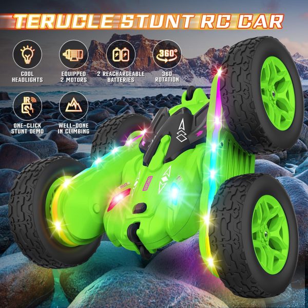 Remote Control Car, Rc Cars Stunt RC Car Toys Upgraded Strip Lights and Headlights Car Toys Double-Sided 360° Rotating 4WD Rc Drift Truck for Boys Girls Birthday Gift (Green) - Image 4