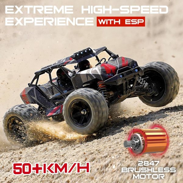 1/14 Brushless RC Car for Adults and Boys, Full Roll-Cage Frame, 4WD High-Speed 50 km/h, All-Terrain Remote Control RC Truck with Two 2S 1500 mAh LiPo Batteries, Compatible with 3S LiPo - Image 3