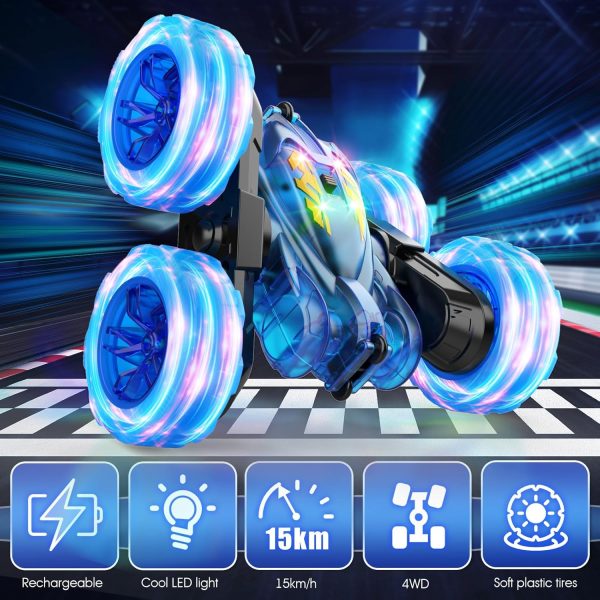 Remote Control Car,Rechargeable Fast Direct Charging RC Cars for Kids with Colorful Light,Double-Sided 360° Rotating RC Stunt Car 4WD RC Truck Car Toys for Ages 5-7 Gift for Boys Girls Ages 8-12 Blue - Image 5