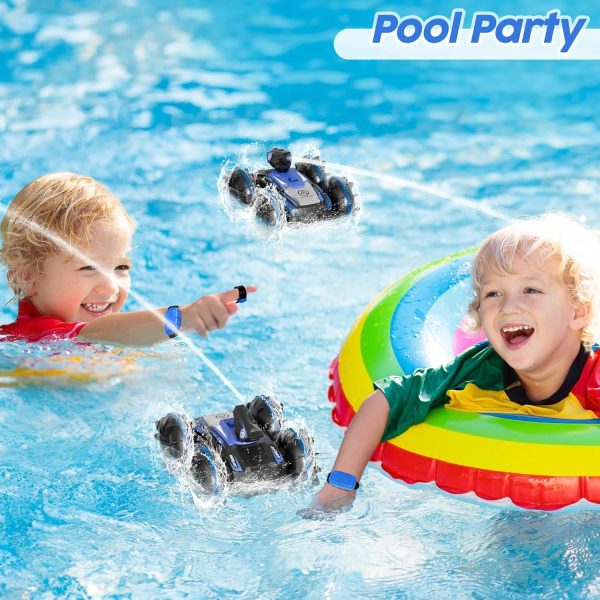 Amphibious Remote Control Car with Self-Priming Water Spray and 360° Stunt Rotation, Ideal Gift for Boys and Girls, Equipped with 2 Rechargeable Batteries for Pool & Land Play, Blue - Image 4