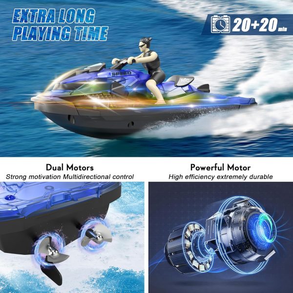 Whimsyland RC Boats for Kids 6+, 2.4GHZ Mini Remote Control Jet-ski with Dual Motors & Led Lights Lakes & Swimming Pool Toys, 2 Rechargeable Batteries, Blue - Image 3