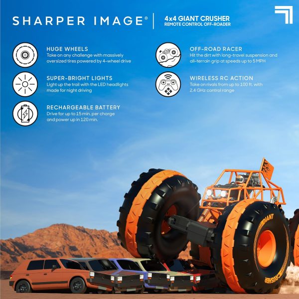 Sharper Image® 4x4 Giant Crusher Remote Control 4WD Truck, High-Speed Off-Road Monster Truck, All-Terrain Tires, LED Headlights, USB-C Rechargeable Battery, Oversized Shocks, 2.4 GHz Wireless Control - Image 4