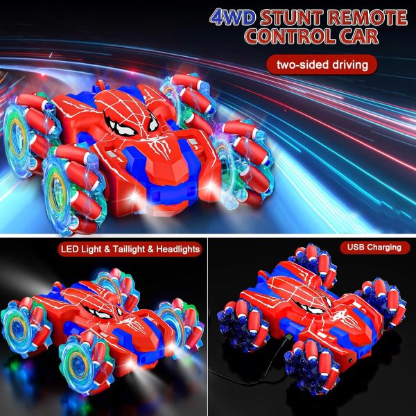 Spider Remote Control Car, USB Direct Charging RC Cars with Cool Lights, 2.4Ghz Double Sided Drift RC Stunt Car, 360°Rotating 4WD Off-Road Race Car Toys for 4-6 6-12 Boy Girl Kids Gifts - Image 3