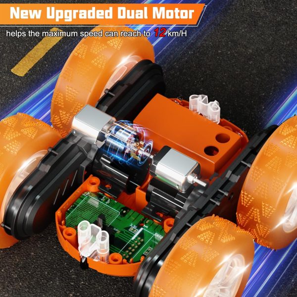 Remote Control Car, RC Cars Toys for Ages 4-7, 2.4GHz 4WD Fast RC Car Kids Toys for Ages 8-12, Double Sided 360°Rotating Monster Truck Toys for Girls RC Truck Toy Cars for Boys, Orange - Image 5