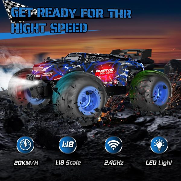 Remote Control Car, Rc Cars, Multi-Terrain RC Truck, 2.4GHz 2WD 20KM/H Two Speed Remote Control Monster Truck with Headlight and Bodylight Rechargeable Truck Toys for Kid - Image 3