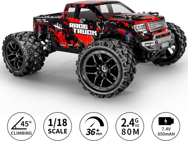 HAIBOXING 1:18 Scale All Terrain RC Car 36KM/H High Speed, 4WD Electric Vehicle,2.4 GHz Radio Controller, Included 2 Batteries and A Charger,Waterproof Off-Road Truck (Red) - Image 3