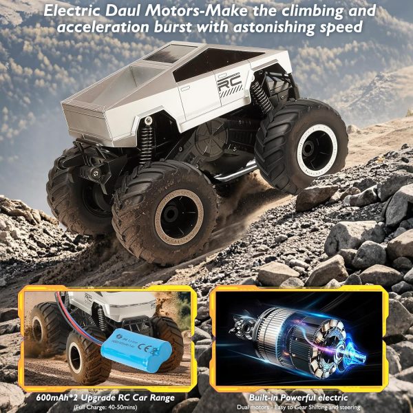 1:16 Remote Control Cyber Truck Toy, 2.4GHz Waterproof Monster Truck RC Cars for All Terrain, 4WD Amphibious and Dual-motor Remote Control Car with 2*Batteries, Led Lights Gifts for Boys Girls Ages 6+ - Image 3