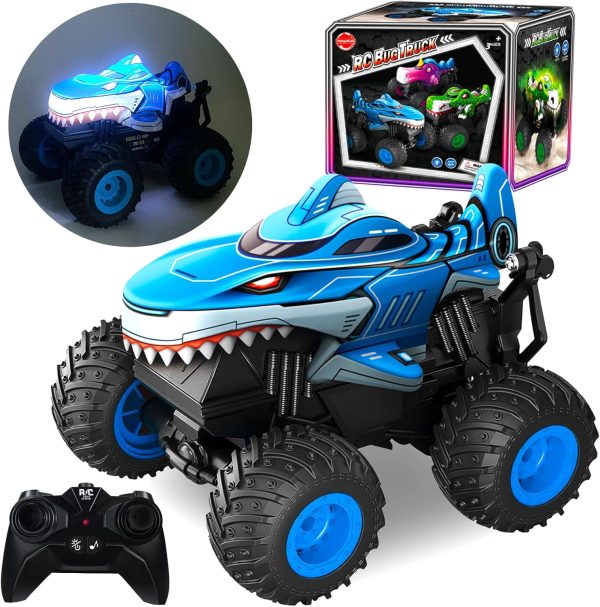 Monster Truck Toy, Shark & Dinosaur Remote Control Car, 2.4Ghz Rchargeable Rc Truck with Music,Lighting Effect,360° Rotating Stunts RC Car Toy for Kids 3-5 6 7 8-12 - Image 2