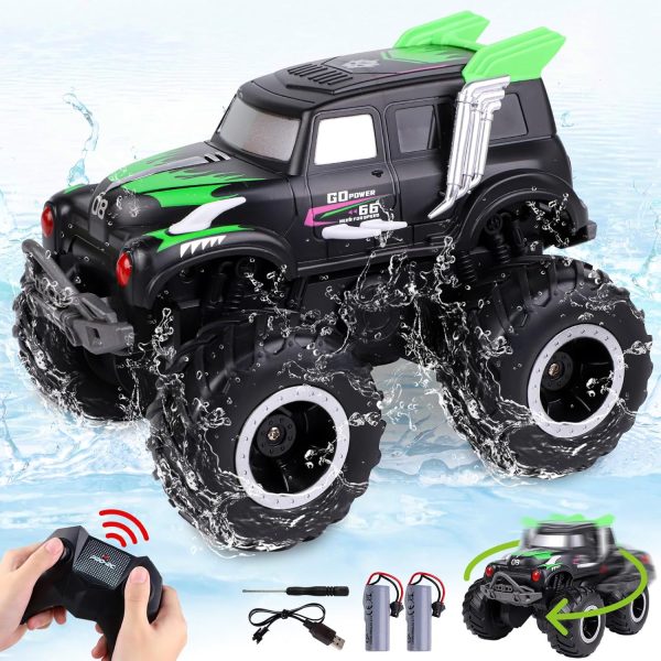 Amphibious Remote Control Cars, 1/20 Stunt RC Rock Crawler Monster Truck Toy with Two Alternative Rechargeable Batteries, All-Terrain 4WD Off-Road Vehicle Toys Gift for Kids Age 8-12 Green - Image 2