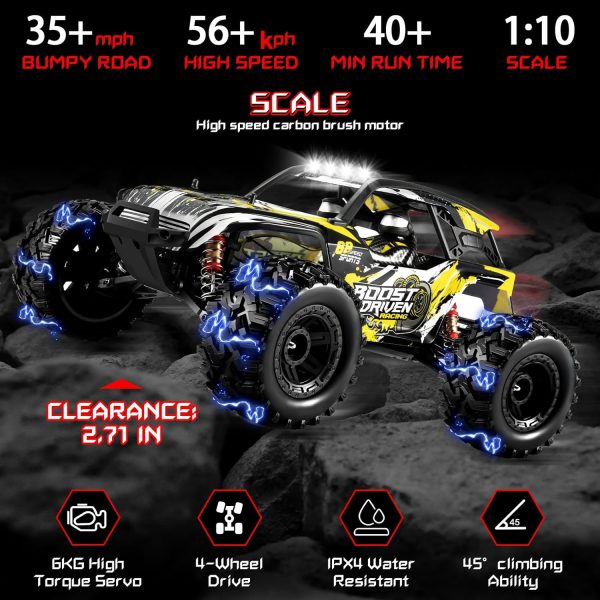 1:10 Large Brush RC Car for Adults, Fast Remote Control Car, 28+ MPH Rc Hobby Truck with Headlights, All Terrain 2.4Ghz Electric Hobby Rc Cars, 4WD Off Road Monster Truck for Adults - Yellow - Image 3