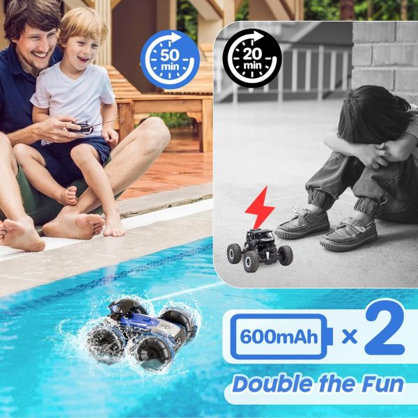 Amphibious Remote Control Car with Self-Priming Water Spray and 360° Stunt Rotation, Ideal Gift for Boys and Girls, Equipped with 2 Rechargeable Batteries for Pool & Land Play, Blue - Image 5