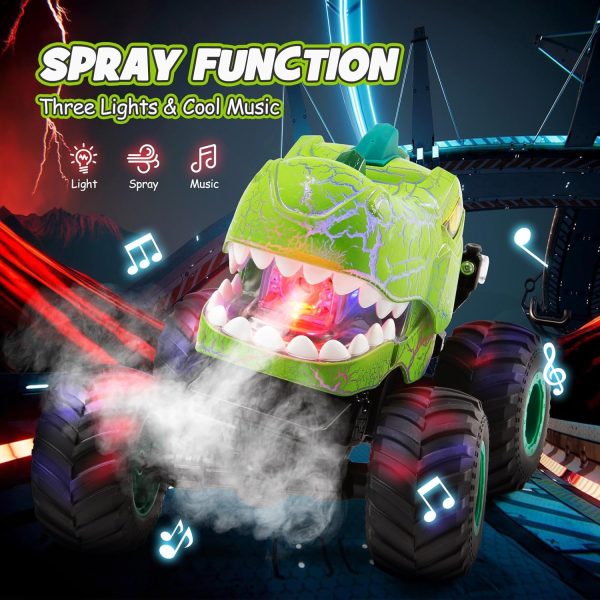 Monster Truck Toys with Spray & Light Dinosaur Remote Control Car 360° Rotating RC Cars All Terrain for Remote Control Car for Kids,Monster Trucks for Boys Age 4-7 - Image 3