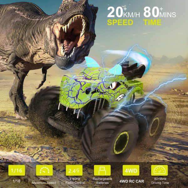 Remote Control Dinosaur Car Toys for Kid Boys, 2.4GHz RC Monster Truck Toys with Spray, Light, Sound, All Terrain Rechargeable Electric RC Car Toy, Gifts for 4-7 8-12 Kids (Green) - Image 3