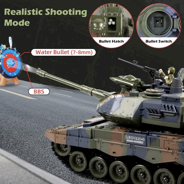 1:18 Remote Control Tank, 2.4GHz German Leopard II RC Tank, 60 Minutes Playing Times, Army Tank Toys with BBS & Water Bombs & Sound & Somke for Adults and Ages 6+ - Image 3