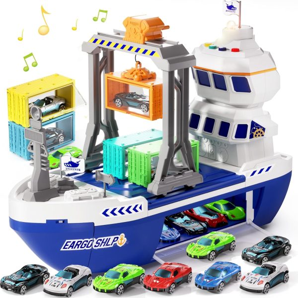 Toy Boat for Kids 3-5,Container car Set and Catapult car Device,The Gantry Crane Device,Cargo Ship with Sounds and Lights,Large Capacity car Storage, Age 4-7 Boys Girls Birthday Present - Image 2