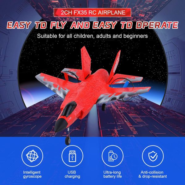 RC Plane 2CH RC Airplane Toys HW39 Fighter 2.4GHz Remote Control Plane RC Airplane RTF Ready to Fly for Beginner, Kids and Adults F35 Aeroplane with Night Lights USB Charging (Red) - Image 6