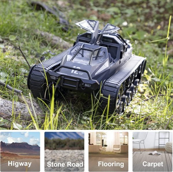 RC Tank Car, 1:12 Remote Control Crawler 12KM/H High Speed Tank, 2.4Ghz RC Rock Crawler Off-Road 4WD 360°Rotating Drifting Car with Rechargeable Battery,Military Truck Toy for Adults and Kids - Image 5