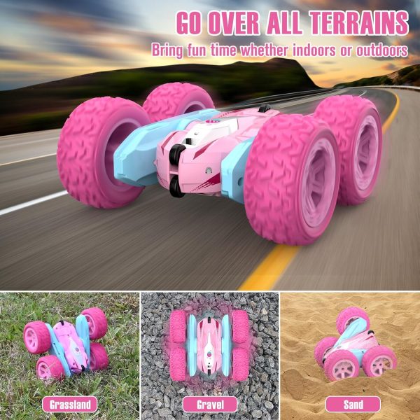 Remote Control Car, Pink RC Cars for Girls, Rechargeable RC Truck, 2.4Ghz Double Sided 360° Rotating Stunt Car Toy with Headlights, Birthday Gift for Kids Age 3+ - Image 9