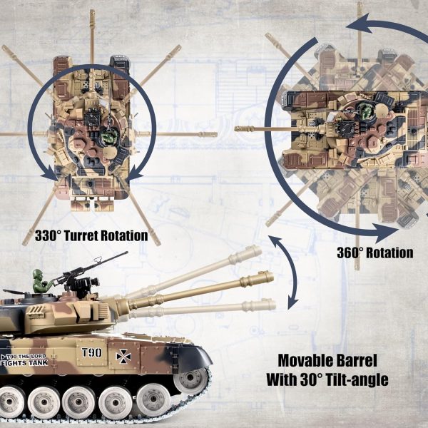 RC Tank, 1:18 Russian T-90 Metal Tracks Remote Control Model Tank Toys, 2.4Ghz Army Tank with Smoke, Sound and Light, RC Military Vehicle That Shoots BBS and Water Bullets for Adults and Kids - Image 5