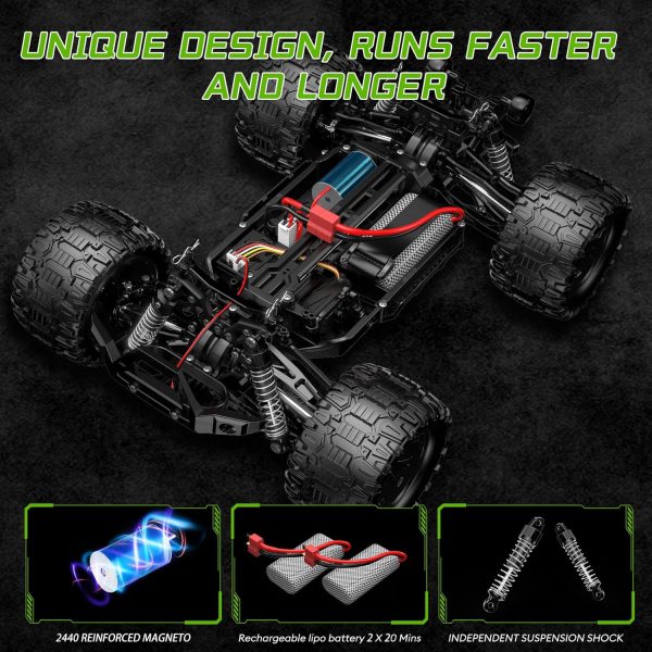 1:14 Brushless Remote Control Cars, Max 60KM/H Off-Road All Terrain Electric RC Truck, 4WD RC Monster Truck with 2.4 GHz Remote Control and 2 Lipo Batteries for Kids Adults Boys Gifts - Image 5