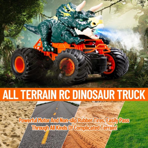 Remote Control Dinosaur Car for Boys, 2.4Ghz RC Monster Truck Toys All Terrain Hobby Dino RC Car with Spray Light Sound, Birthday Gift for 3-12 Year Old Kids (Green) - Image 6