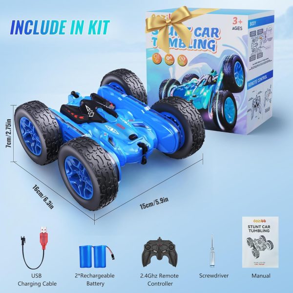 Remote Control Car, RC Cars with Strip Lights and Headlight, 2 Hours Long Battery Life, 4WD Double-Sided 360° Flips Rotating Stunt RC Car Toys, Birthday Gift for Boys Girls (Blue) - Image 8