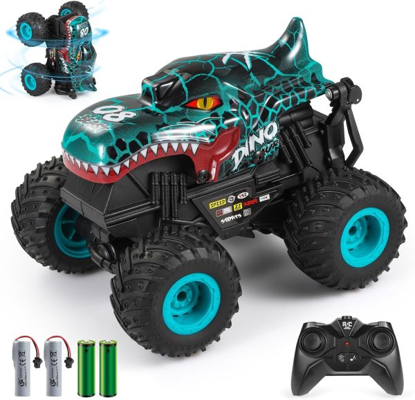 Remote Control Car, 2.4Ghz All Terrain Dinosaur Monster Truck Toys, RC Truck with Music, 3 Lighting Effects, 360 Stunt Capable, All Included Ready to Run, Toy Gifts for Boys and Girls (Cyan) - Image 2