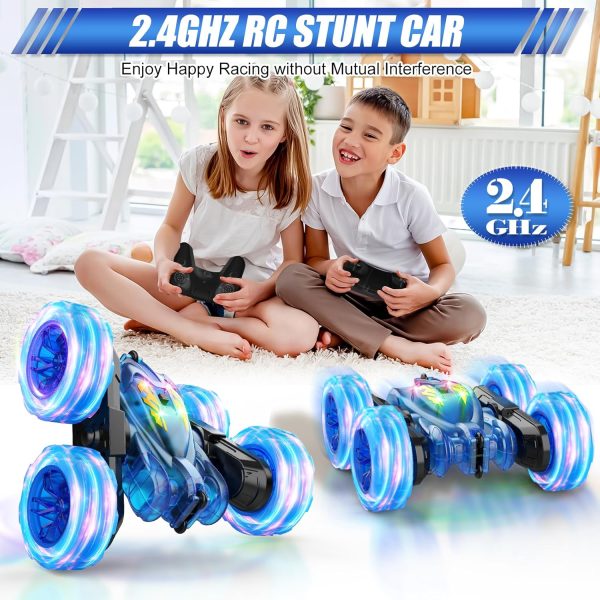 Remote Control Car,Rechargeable Fast Direct Charging RC Cars for Kids with Colorful Light,Double-Sided 360° Rotating RC Stunt Car 4WD RC Truck Car Toys for Ages 5-7 Gift for Boys Girls Ages 8-12 Blue - Image 4