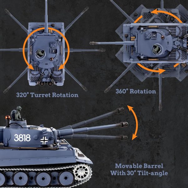 1/16 RC Tank, Metal Tiger I Army Toy with Smoke, Sound and Lights, Remote Control Tank That Shoots with Upgraded Metal Tracks, Idler and Sprocket Wheel, Steel Gearbox, Rechargeable Batteries*2 - Image 3