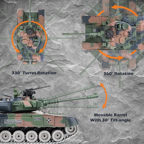 RC Tank, 1:18 RUS T-90 Alloy Metal Remote Control Model Army Tank Toys, 2.4Ghz Military Tank with Smoke, Sound and Lights, RC Vehicle That Shoots BBS and Water Bombs for Adults and Kids - Image 3