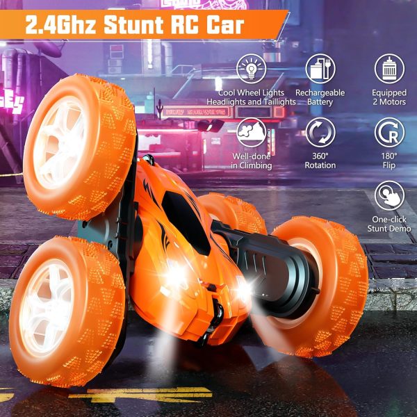 Remote Control Car, RC Cars Toys for Ages 4-7, 2.4GHz 4WD Fast RC Car Kids Toys for Ages 8-12, Double Sided 360°Rotating Monster Truck Toys for Girls RC Truck Toy Cars for Boys, Orange - Image 3