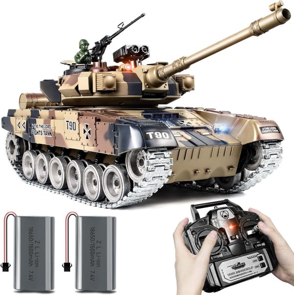 RC Tank, 1:18 Russian T-90 Metal Tracks Remote Control Model Tank Toys, 2.4Ghz Army Tank with Smoke, Sound and Light, RC Military Vehicle That Shoots BBS and Water Bullets for Adults and Kids - Image 2