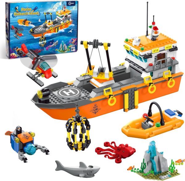 City Ocean Explorer Ship Building Set, Fun Toy Exploration Boat Building Block Kit with LED Lights,Helicopter, Submarine,and Shark Cage, Birthday Gifts for 6 8 10 12 Years Old Boys Girls Kids - Image 2