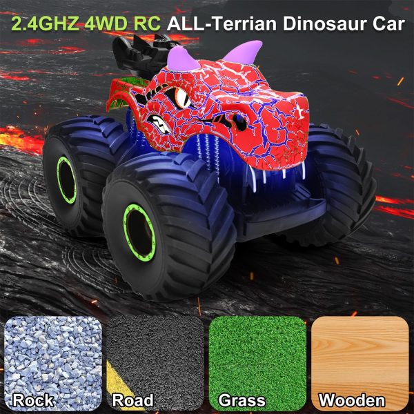 Remote Control Dinosaur Car Toys for Kid Boys, 2.4GHz RC Monster Truck Toys with Spray, Light, Sound, Indoor Outdoor All Terrain RC Car Toy, for 4-12 Kids (Red) - Image 6