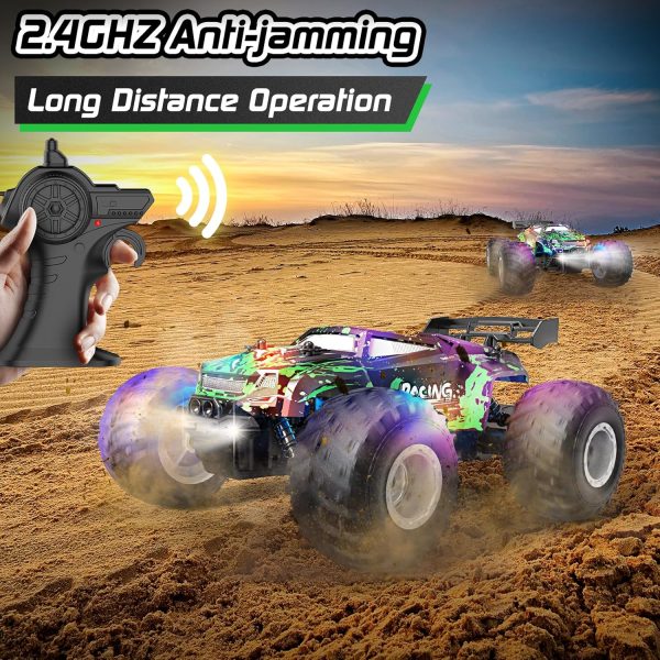 Remote Control Car, 1:18 Scale All Terrain RC Cars, 2WD 20Km/h with Colorful LedLight and Two Rechargeable Batteries, Remote Control Monster Truck Off Road Racing Car Toys for Kids and Boys - Image 6