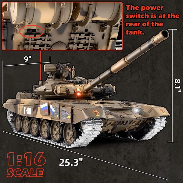 1/16 RC Tank, Russian T90 Army Toy with Smoke, Sound and Lights, Remote Control Tank That Shoots with Upgraded Metal Tracks, Idler and Sprocket Wheel, Steel Gearbox, Rechargeable Batteries*2 - Image 3