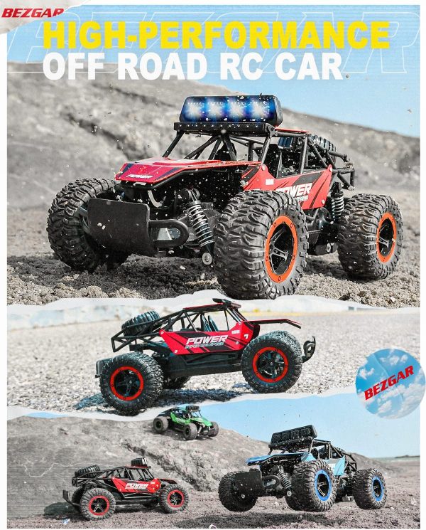 BEZGAR TB141 RC Cars -1:14 Rc Cars for Boys Age 4-7 with Two Rechargeable Batteries, Fast Rc Monster Truck for Kids & Adults, All Terrains Remote Control Car for Boys 8-12 with LED Headlight (Red) - Image 3