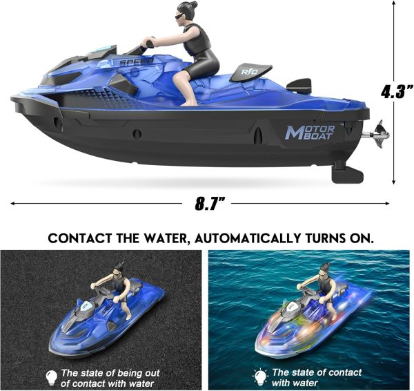 Whimsyland RC Boats for Kids 6+, 2.4GHZ Mini Remote Control Jet-ski with Dual Motors & Led Lights Lakes & Swimming Pool Toys, 2 Rechargeable Batteries, Blue - Image 5