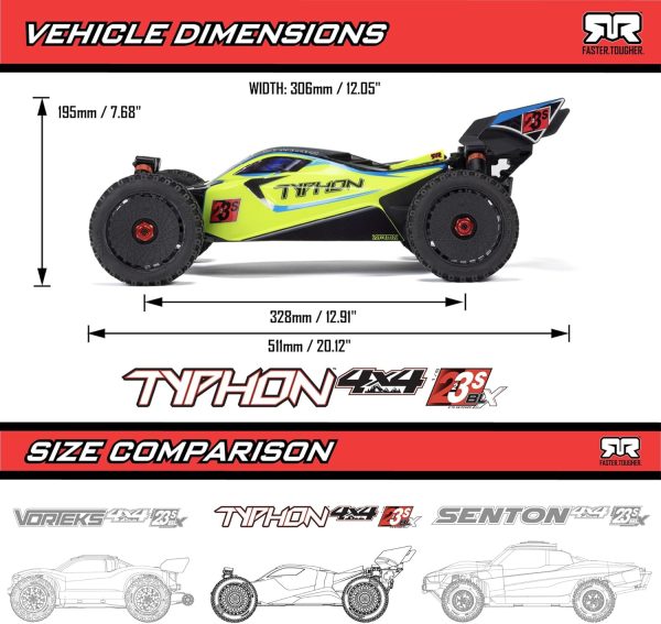 ARRMA RC Car 1/8 Typhon 4X4 223S BLX BRUSHLESS Buggy RTR (Battery and Charger Not Included) with DSC (Yellow), ARA4306V4T2 - Image 10