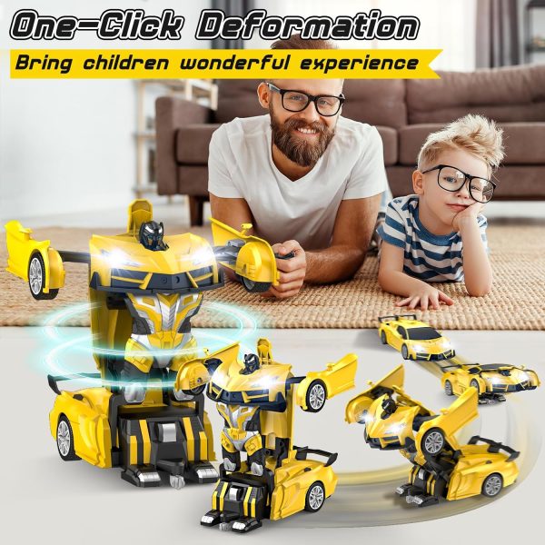 Remote Control Car，Transform Robot RC Cars with Cool LED Headlights, 2.4Ghz Toys Car with 360 Degree Rotation and One-Button Deformation, Christmas Birthday Gifts for Boys Girls(Yellow) - Image 3