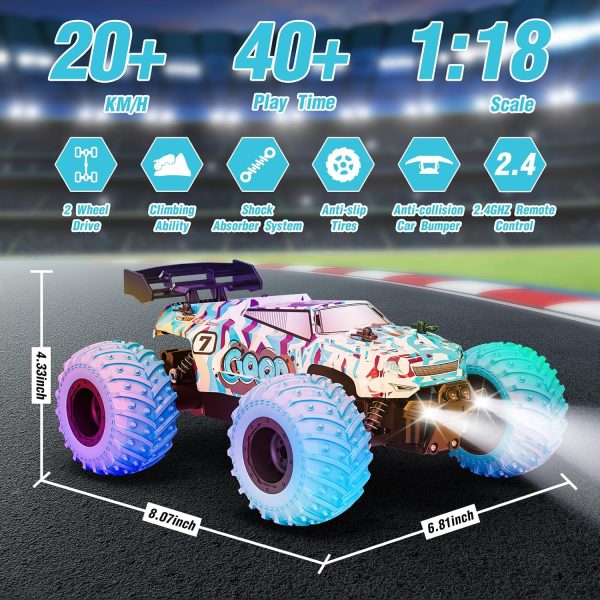 RC Cars, Remote Control Car Monster Truck for Boys Age 4-7 8-12, 2.4GHz 2WD Rc Car with Bodylight, All Terrain Remote Control Truck, Toy Cars Fast RC Car 20KMH, 40Mins - Image 3