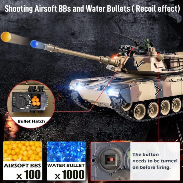 1:18 RC Tank, 2.4Ghz US M1A2 Remote Control Tank Model Toys, 15 Channel Battle Army Tank with Smoke Effects, Light and Sound, RC Military Truck for Adults and Kids That Shoots BBS, Water Bombs - Image 5