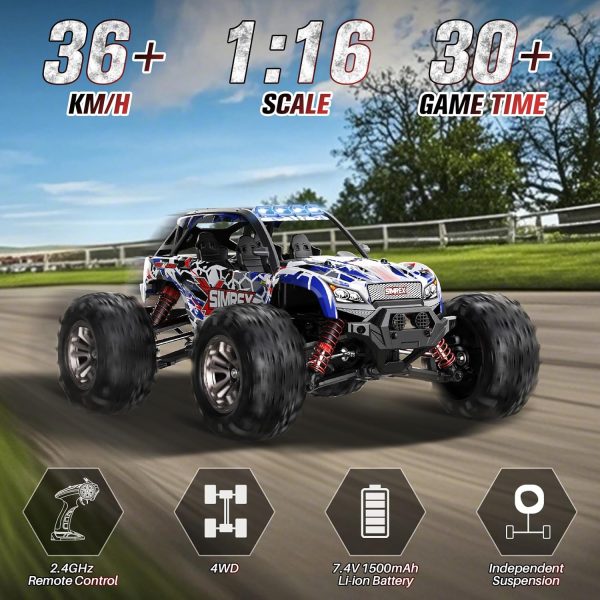 1/16 Scale Hobby RC Car, 36 KPH High-Speed 4WD RC Truck, 2.4 GHz Remote Control Car, All-Terrain Electric Vehicle, 4X4 Remote Contral Moster Truck for Kids and Adults - Image 3