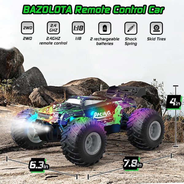 Remote Control Car, 1:18 Scale All Terrain RC Cars, 2WD 20Km/h with Colorful LedLight and Two Rechargeable Batteries, Remote Control Monster Truck Off Road Racing Car Toys for Kids and Boys - Image 3