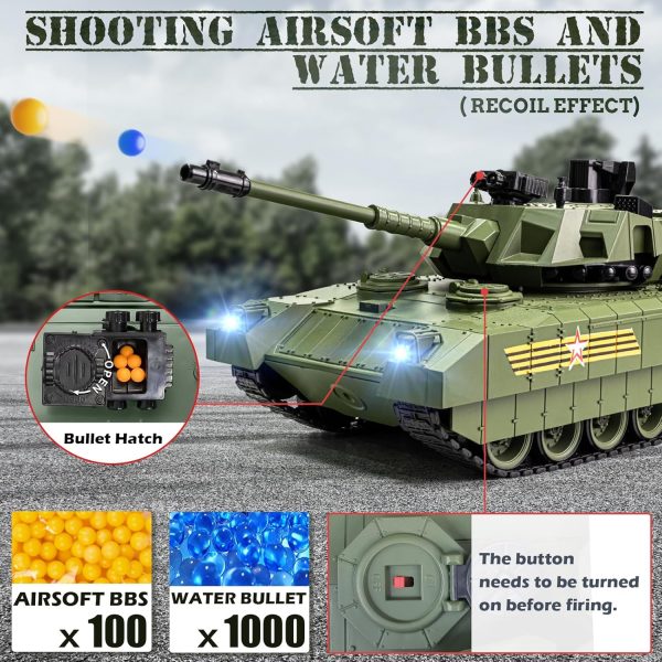 1:18 RC Tank, 2.4Ghz Russian T-14 Armata Remote Control Tank Model Toy That Shoots BBS and Water Bombs, Battle Army Tank with Smoke, Light and Sound, RC Vehicle Military Toy for Adult and Kid - Image 4