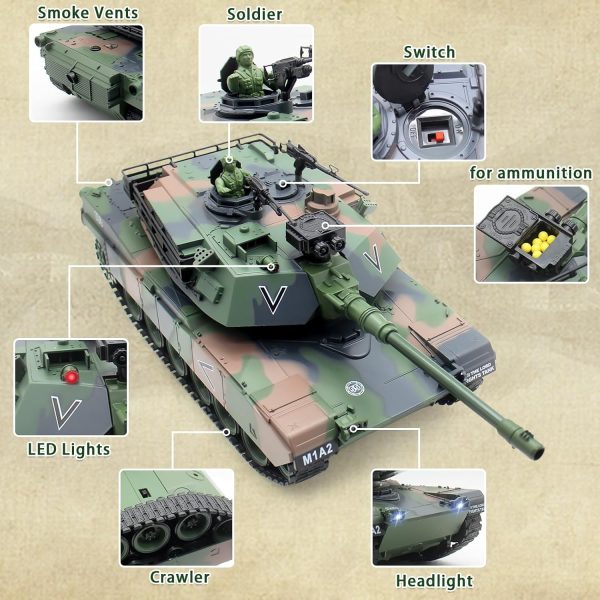 RC Tank, 1:18 Remote Control Tank M412 Model Toys, 15Ch Battle Army Tank w/Light Smoke, Sound, Military RC Vehicle for Adult and Kid That Shoots BBS and Water Bombs - Image 6