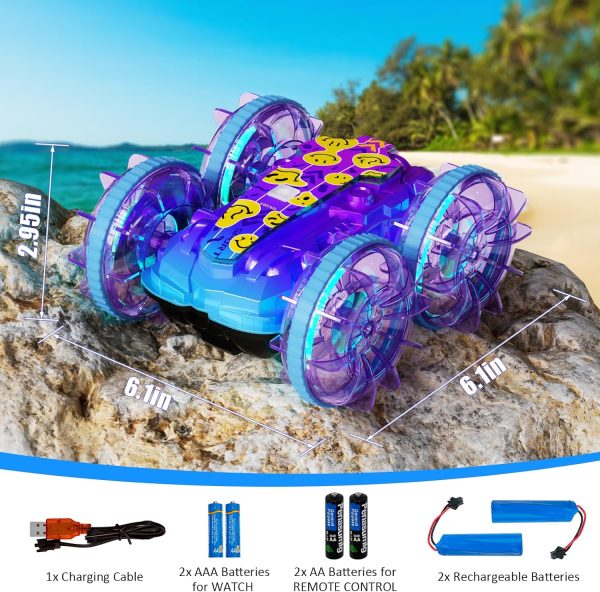 Amphibious Remote Control Car, 4WD Waterproof RC Stunt Car Toys with LED Lights, 360°Rotation RC Boat Water Beach Pool Toys for Boys, Christmas Birthday Gifts Toys for Kids Ages 4-7 8-12 Year Old - Image 6