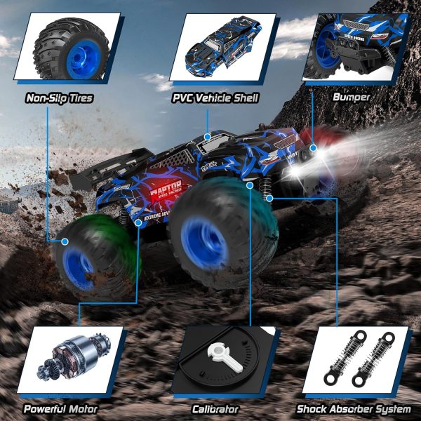 Remote Control Car, Rc Cars, Multi-Terrain RC Truck, 2.4GHz 2WD 20KM/H Two Speed Remote Control Monster Truck with Headlight and Bodylight Rechargeable Truck Toys for Kid - Image 4