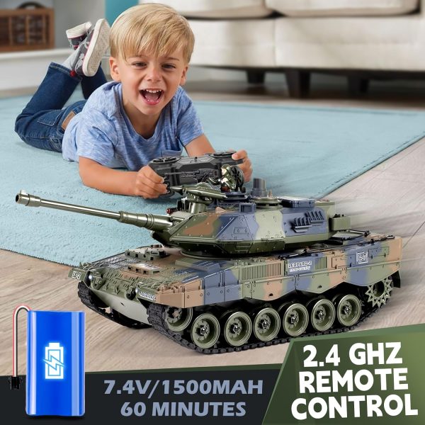 1:18 Remote Control Tank, 2.4GHz German Leopard II RC Tank, 60 Minutes Playing Times, Army Tank Toys with BBS & Water Bombs & Sound & Somke for Adults and Ages 6+ - Image 7